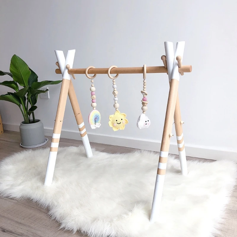 

77HD 3 Pcs/Set Baby Gym Frame Pendants Crochet Sun Cloud Rainbow Rattles Wooden Ring Teether Toys Infant Newborn Teething Toy