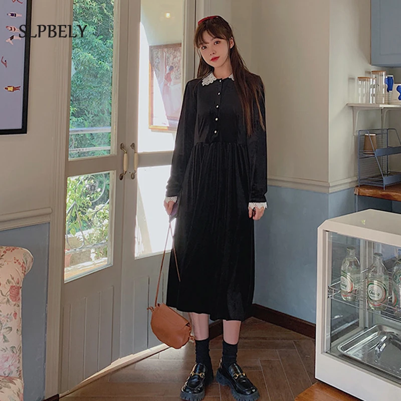 SLPBELY Vintage Velvet Black Dresses Spring Autumn French Lace Sweet Doll Collar Dress Party Dress Korean Elegant Long Dress New
SLPBELY Vintage Velvet Black Dresses Spring Autumn French Lace Sweet Doll Collar Dress Party Dress Korean Elegant Long Dress New