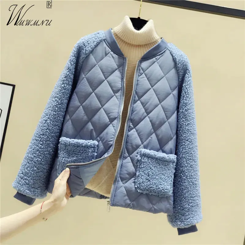 

Korean Fashion Lamb Wool Winter Jacket Women Candy Colors Splicing Casual Quilted Jacket Sweet Argyle O-collar Cotton Coats