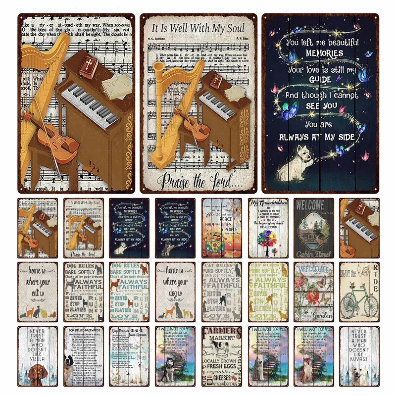 Жестяная Табличка в стиле ретро с изображением собаки, цветов, гитары и пианино 
Жестяная Табличка в стиле ретро с изображением собаки, цветов, гитары и пианино