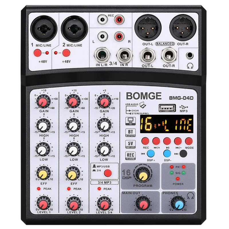 Bluetooth USB Small Mixer Mixer Sound Card 4 Channel Audio Mixer with 48V Phantom Power 16 Kinds of DSP Effects,EU Plug
Bluetooth USB Small Mixer Mixer Sound Card 4 Channel Audio Mixer with 48V Phantom Power 16 Kinds of DSP Effects,EU Plug
