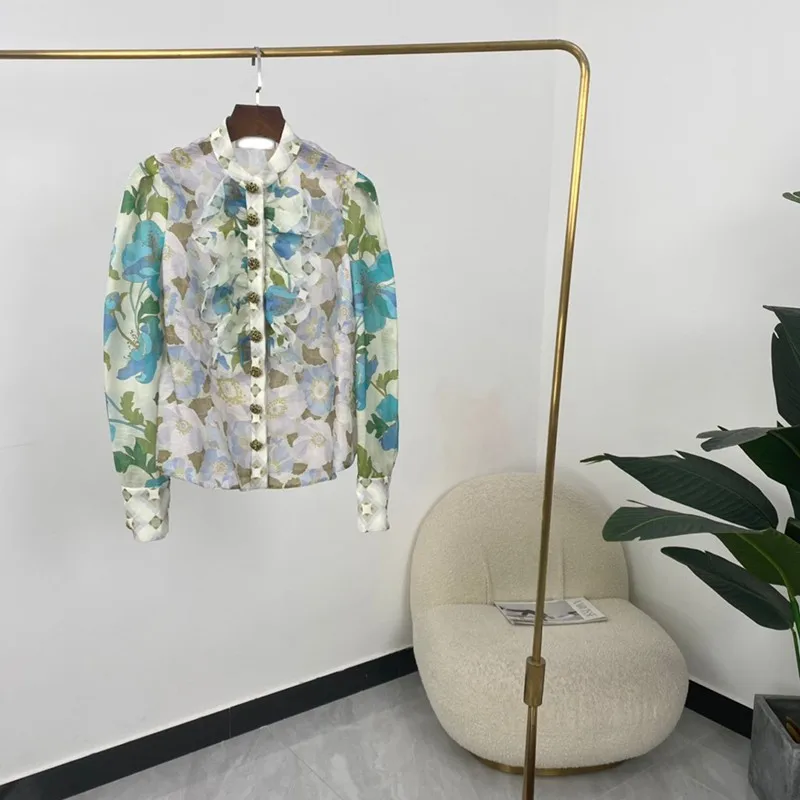 Autumn Women Fashion Light Green Flower Print Long Sleeves Single Breasted Bloueses High Quality
Autumn Women Fashion Light Green Flower Print Long Sleeves Single Breasted Bloueses High Quality