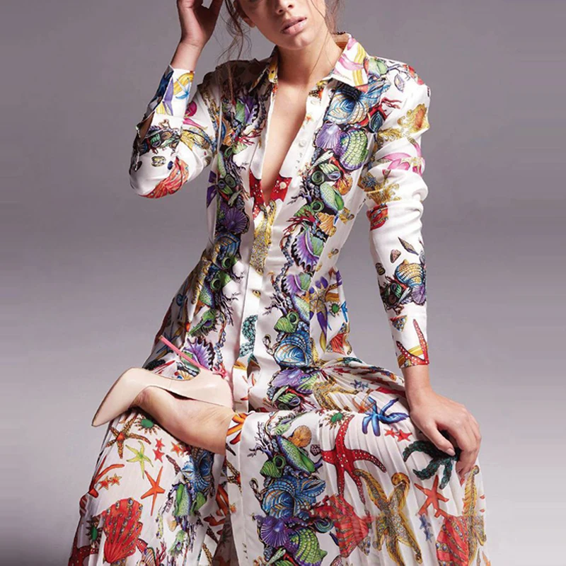 Fashion Runway 2021 Autumn Shirt Dress Women New Design Shell printed Single Breasted Elegant Midi Dresses
Fashion Runway 2021 Autumn Shirt Dress Women New Design Shell printed Single Breasted Elegant Midi Dresses
