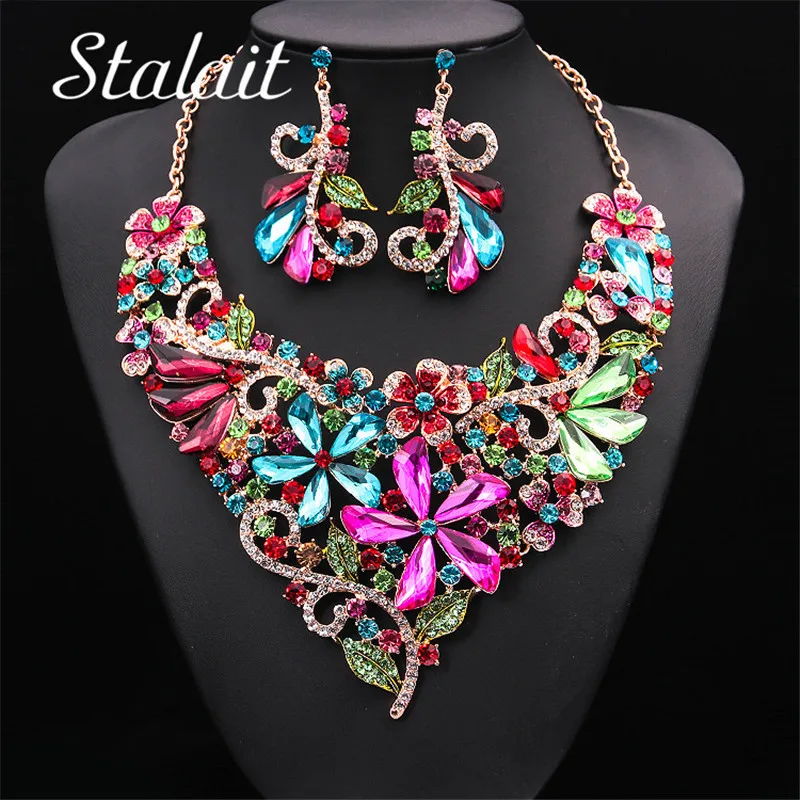 

Wedding Jewelry For Women Bridal Crystal Necklace Earring Sets Charm Five-leaf Flower Luxurious Jewelry Valentine's Day Gifts