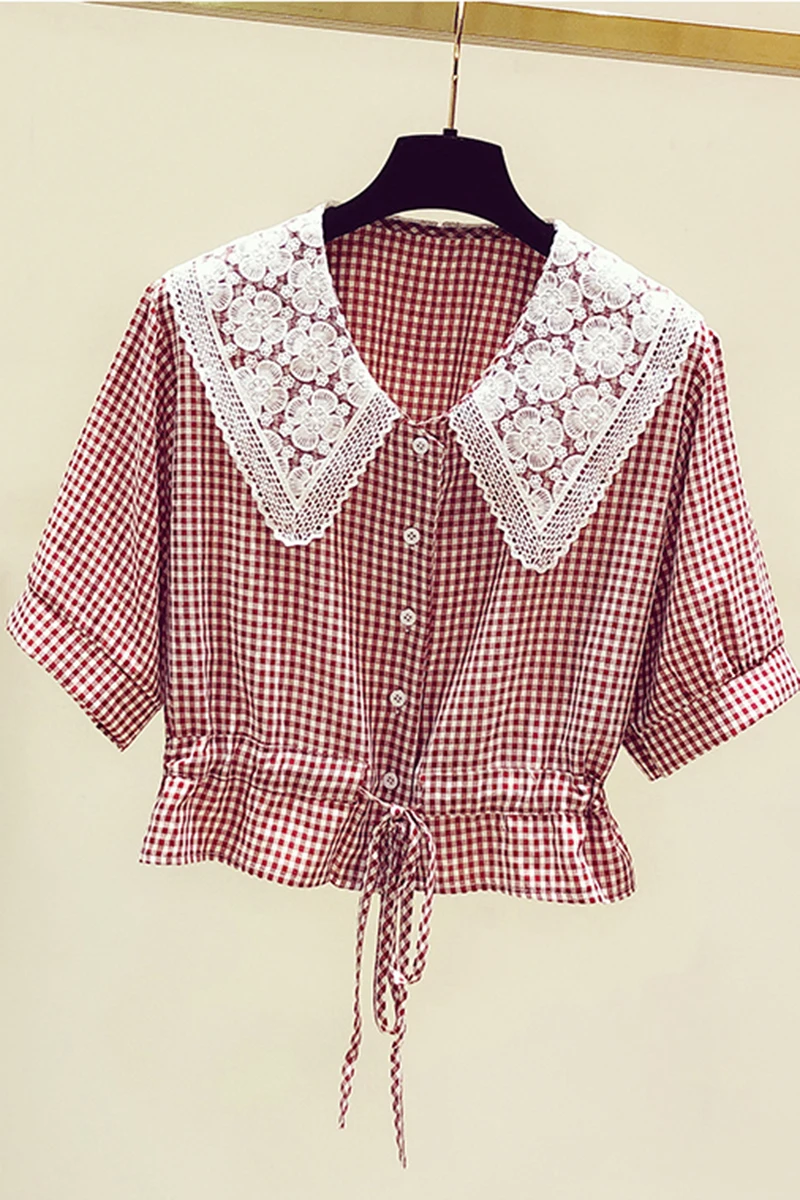 Women's Plaid Short Sleeve Casual Shirt Doll Collar Short Summer Pink Drawstring Blouses Female Slimming Pullover Loose Top
Women's Plaid Short Sleeve Casual Shirt Doll Collar Short Summer Pink Drawstring Blouses Female Slimming Pullover Loose Top