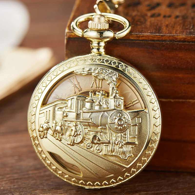 

Luxury Mechanical Pocket Watch Hollow Train Car Engraved Hand Winding Watch Steampunk Skeleton Fob Chain Necklace Pendant Clock