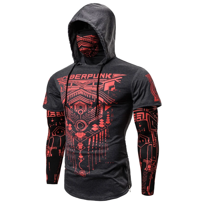 Men Trend With Mask Hood Sweatshirt Elastic Fitness Tattoo Print Hooded Sweat Homme Mens Hip Hop Sudadera Ninja Suit Streetwear | Мужская