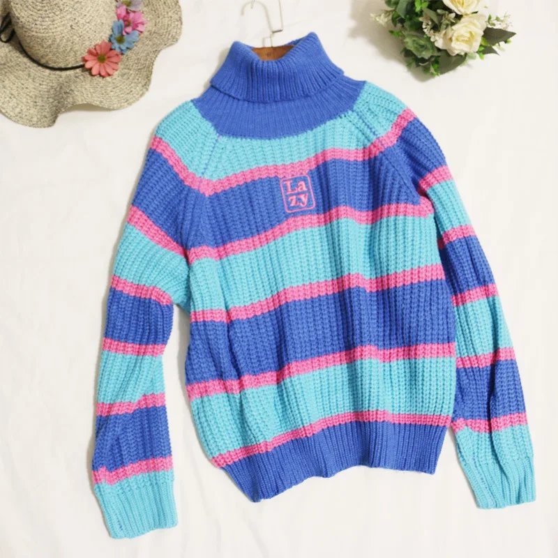 Sweet Light Color Striped Roll Neck Jumper Sweater Embroidered Letter Lazy Oaf Turtleneck Oversized Chunky Knit Pullovers 2019 |