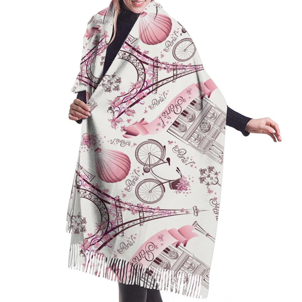 Розовый уличный шарф унисекс с Эйфелевой башней толстый теплый зимний