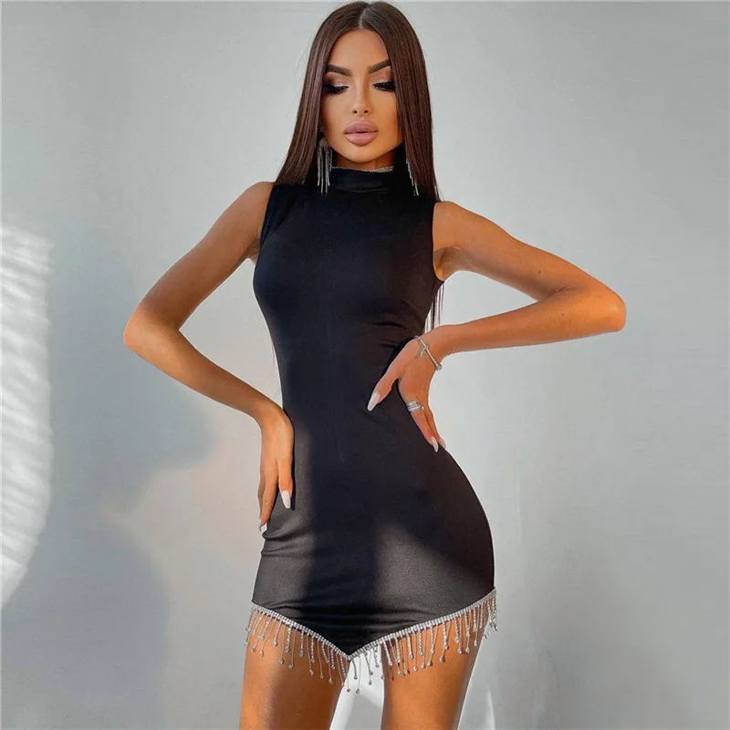 

SEASONS Gorgeous Tassel Mini Dress Women Elegant Asymmetrical Shape Solid Party Charming Cosy Sleeveless Bias Dresses ASDR84307