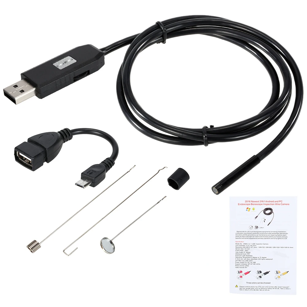 

OWSOO 1/2/3/5M USB Endoscope 0.3MP Borescope 7mm Probe Camera Waterproof Inspection Borescope 6 LEDs USB Wire Snake Tube Camera