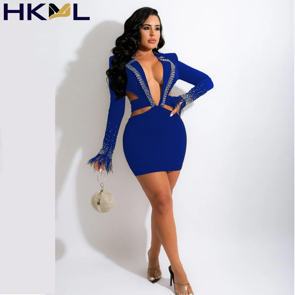 

Women Outfits Sexy Plunge V Neck Long Sleeve Hollow Out Birthday Diamonds Feather Mini Club Party Dress