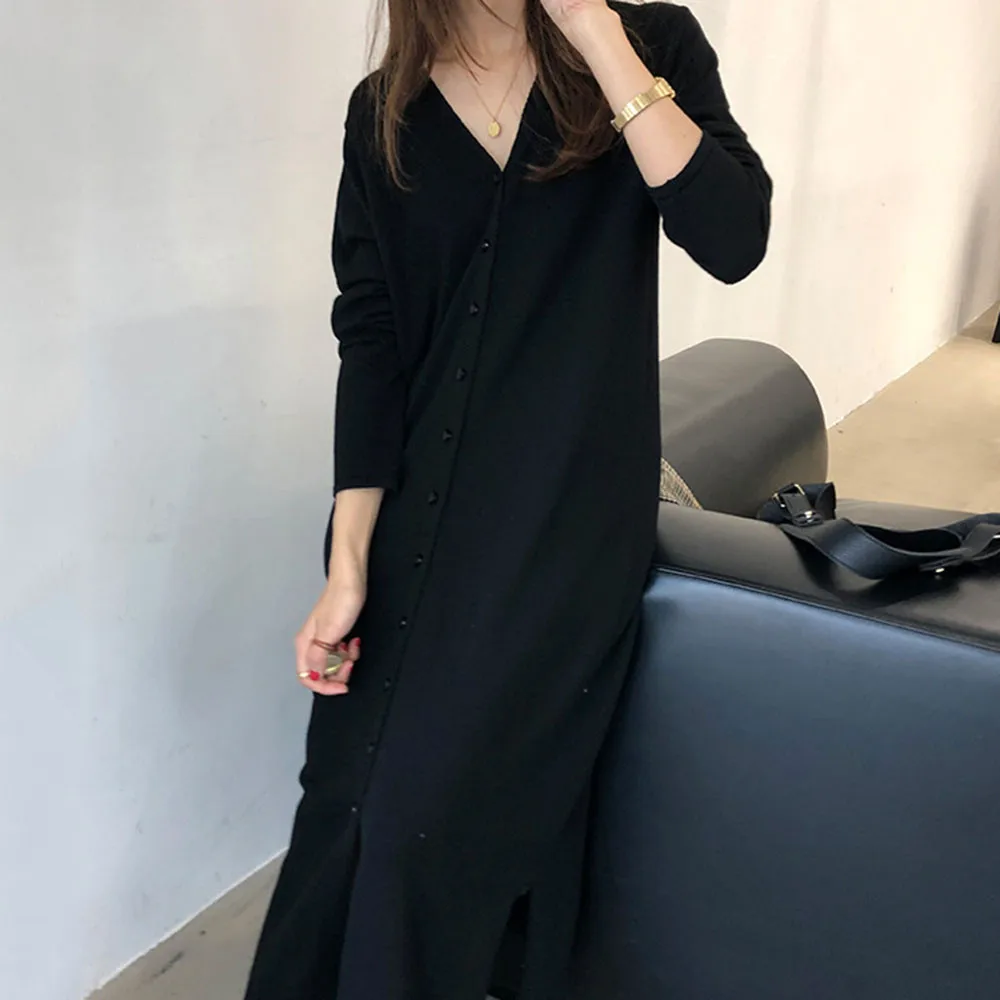 Женское трикотажное однотонное платье, модное повседневное однобортное платье с длинным рукавом и V-образным вырезом, Осень-зима 2021 
Женское трикотажное однотонное платье, модное повседневное однобортное платье с длинным рукавом и V-образным вырезом, Осень-зима 2021