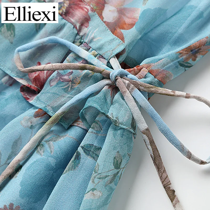 Elliex Boho Printed Sweet Ladies dress Blue O-Neck Ruffle Short Sleeve Sashe Casual Summer Vacation Beach Knee Length Dresses 
Elliex Boho Printed Sweet Ladies dress Blue O-Neck Ruffle Short Sleeve Sashe Casual Summer Vacation Beach Knee Length Dresses
