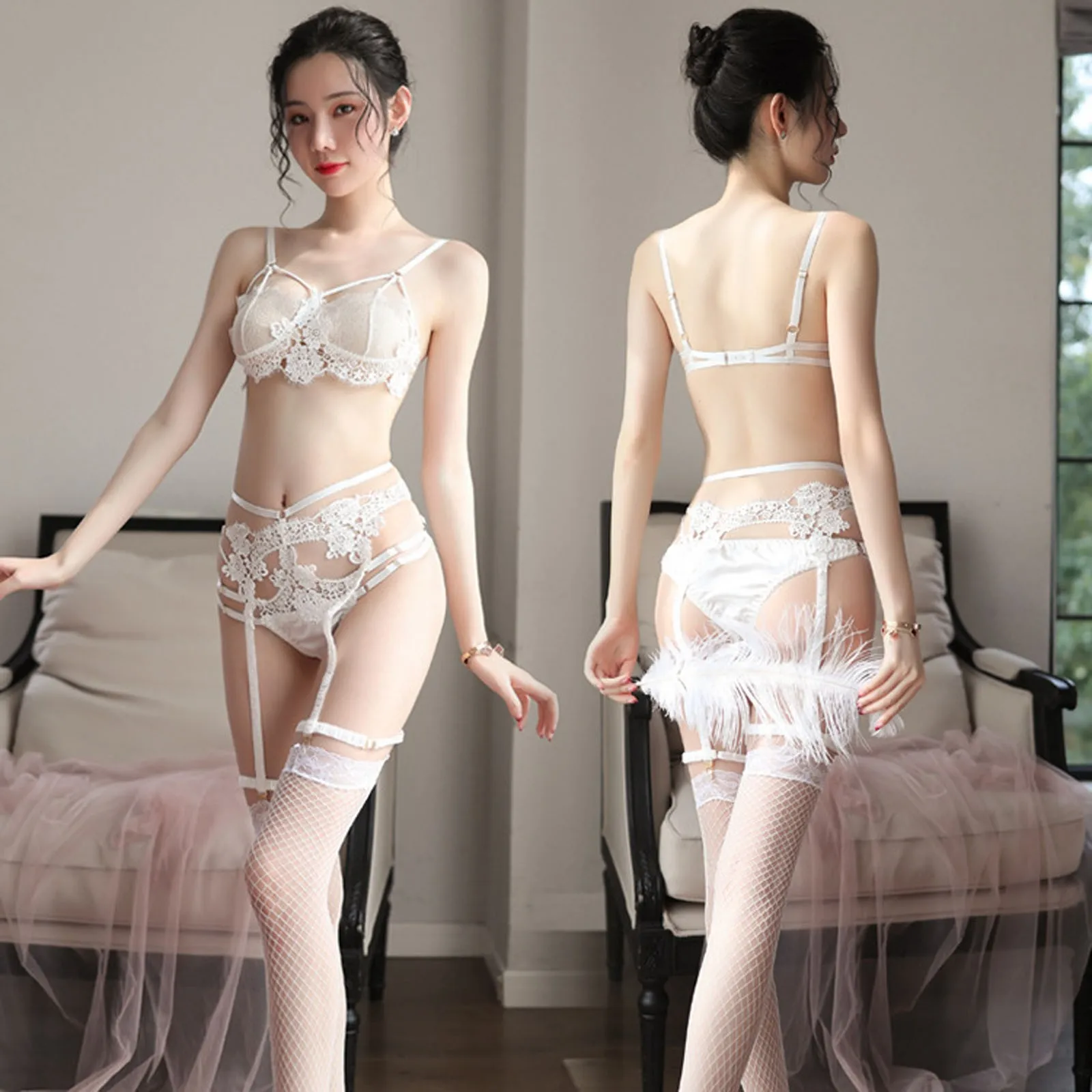 Female sexy lingerie sexy lace 3-piece set solid color temptation translucent beautiful pattern thong pajamas garter belt
Female sexy lingerie sexy lace 3-piece set solid color temptation translucent beautiful pattern thong pajamas garter belt
