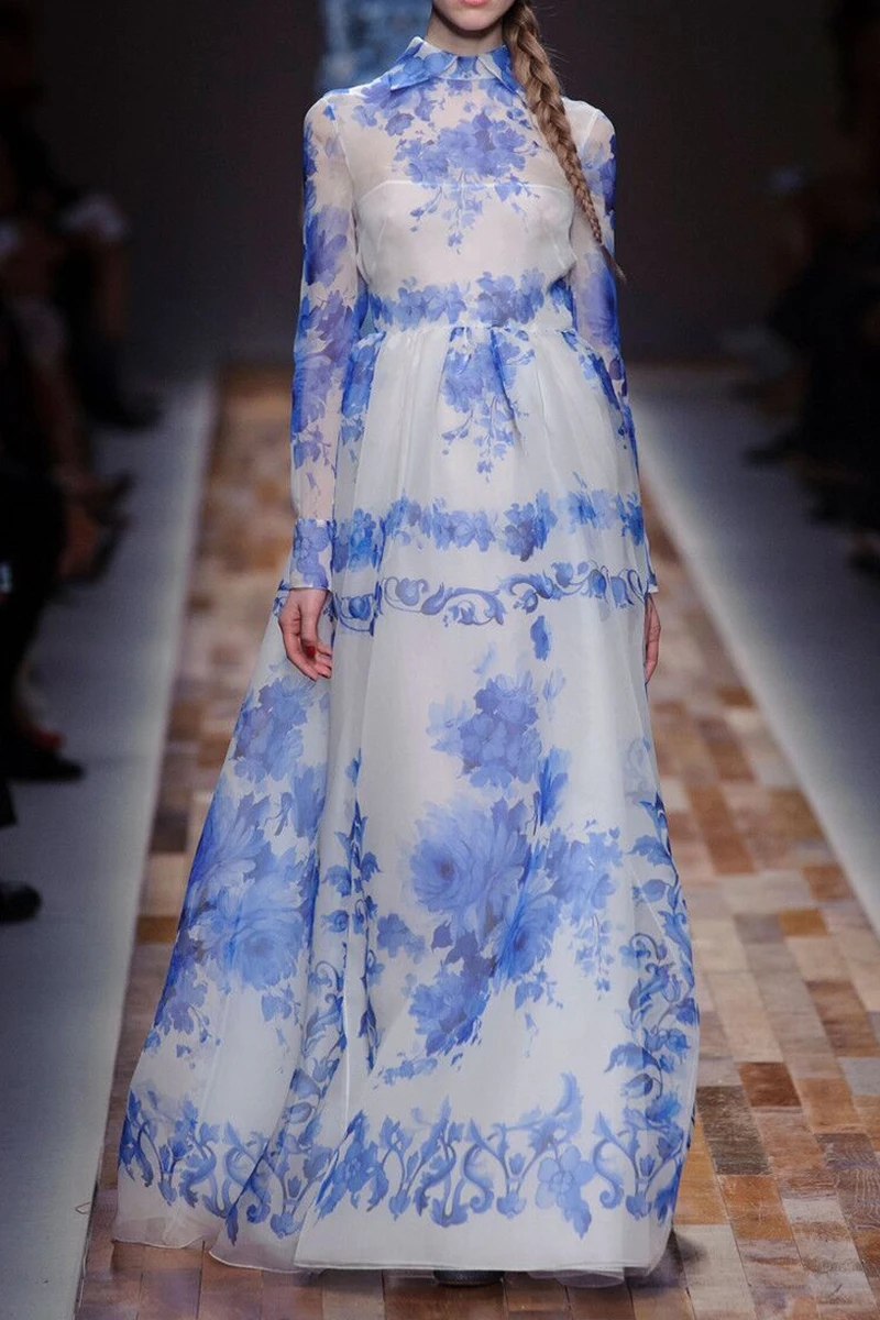 Vintage Blue Floral Printed Long Dreses for Women 2021 Spring Summer Runway Designers Long Sleeve Pleated Maxi Dress Vestido 
Vintage Blue Floral Printed Long Dreses for Women 2021 Spring Summer Runway Designers Long Sleeve Pleated Maxi Dress Vestido