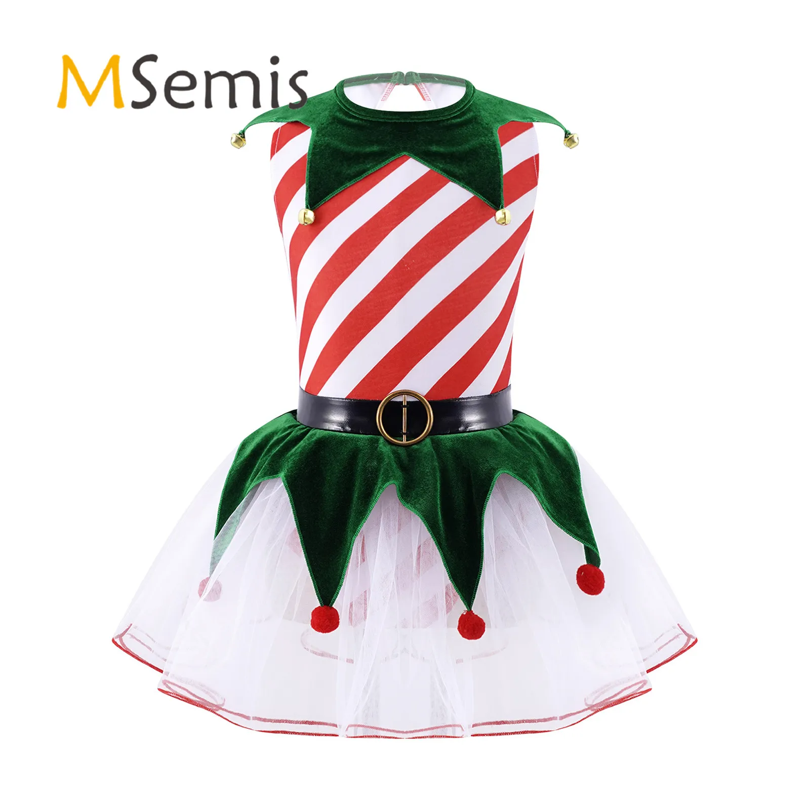 

Kids Girls Pom Pom Mesh Tutu Dress Christmas Figure Ice Skating Dance Costume Stripes Print Triangle Tailored Hem with Bells