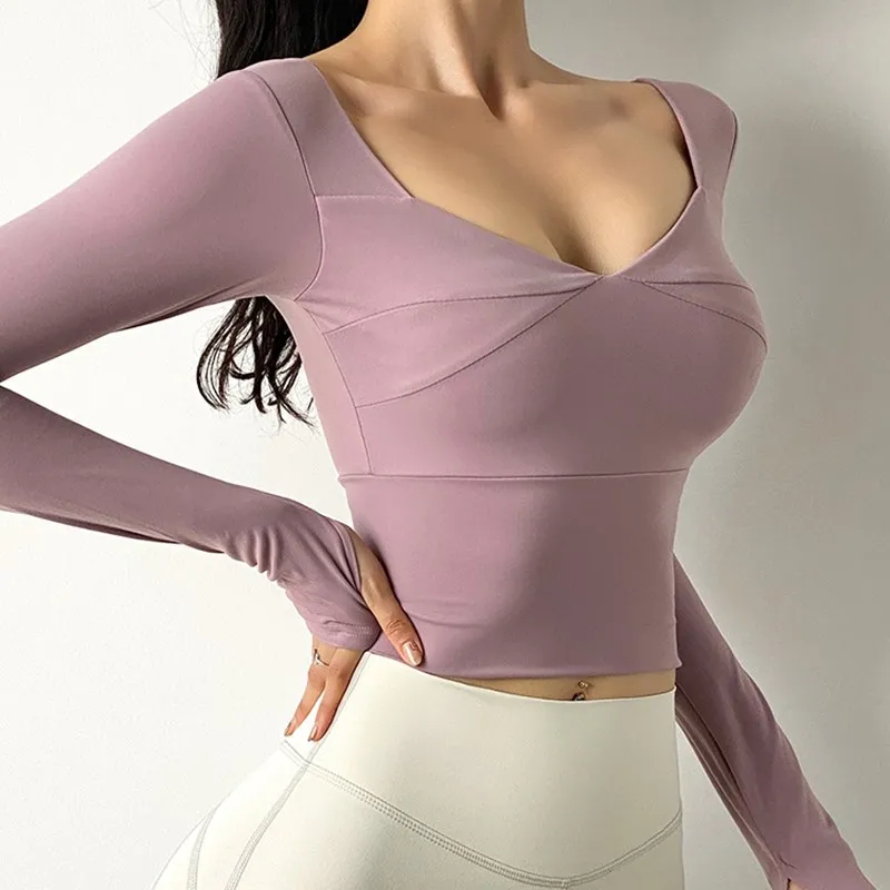 Autumn Sexy V Neck Tight Sports Top Yoga Shirts Women Long Sleeve Workout Fitness Crop Top With Chest Pad Training Running Tees
Autumn Sexy V Neck Tight Sports Top Yoga Shirts Women Long Sleeve Workout Fitness Crop Top With Chest Pad Training Running Tees