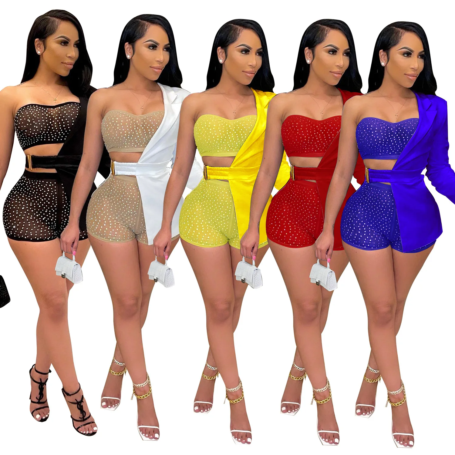 Sexy Sheer Mesh Diamonds Three Piece Sets Women One Shoulder Blazer Coat +Tube Crop Top+Shorts Outfit Streetwear Party Set 2021
Sexy Sheer Mesh Diamonds Three Piece Sets Women One Shoulder Blazer Coat +Tube Crop Top+Shorts Outfit Streetwear Party Set 2021