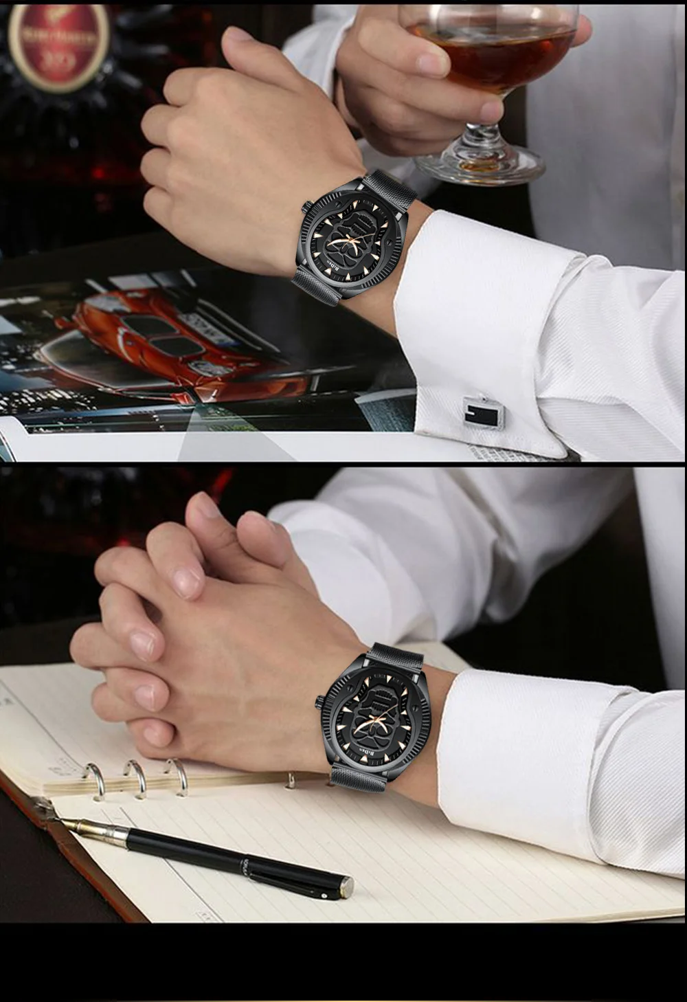 DIBEN 2019 Luxury Men Watches Classic Wrist Watch Skull Dial Male Clock Rose Golden Mesh Belt Waterproof Top Brand Zegarek Meski | Наручные