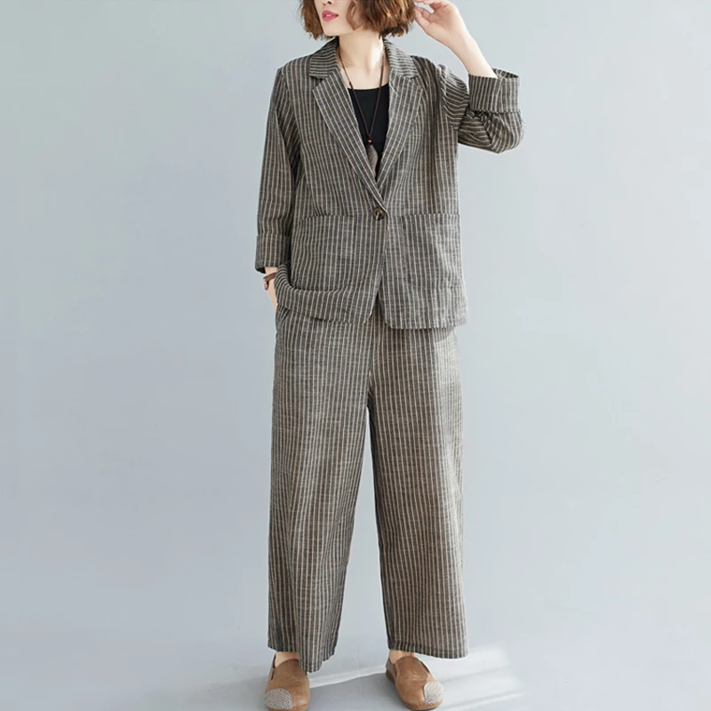 Spring Summer Literary Casual Two-Piece Ladies Cotton Linen Striped Suit One Button Blazers Wide-Leg Pants Fashion Sets Women
Spring Summer Literary Casual Two-Piece Ladies Cotton Linen Striped Suit One Button Blazers Wide-Leg Pants Fashion Sets Women