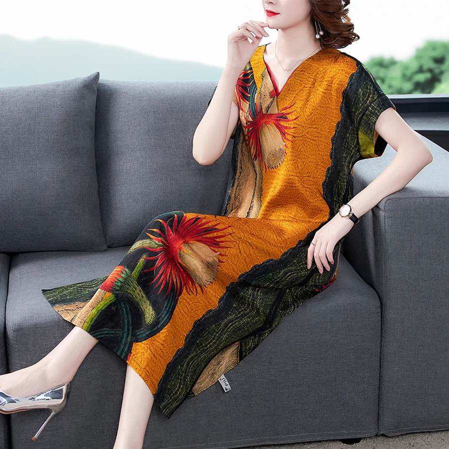 2021 Summer High Quality Mulberry Silk Dress Fashion Vintage Print 4XL Plus Size Runway Midi Dress Elegant Women Bodycon Vestido 
2021 Summer High Quality Mulberry Silk Dress Fashion Vintage Print 4XL Plus Size Runway Midi Dress Elegant Women Bodycon Vestido