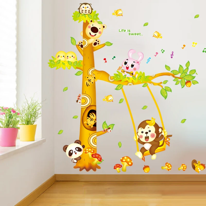 [SHIJUEHEZI] жираф с обезьянками на дереве наклейки стену DIY измерения высоты в виде