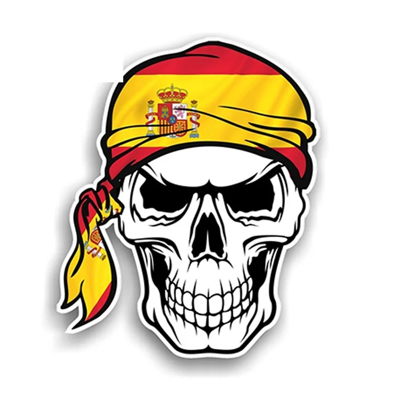 

13cm GOTHIC BIKER Pirate SKULL HEAD BANDANA & Spain Spanish Country Flag Vinyl Car Sticker