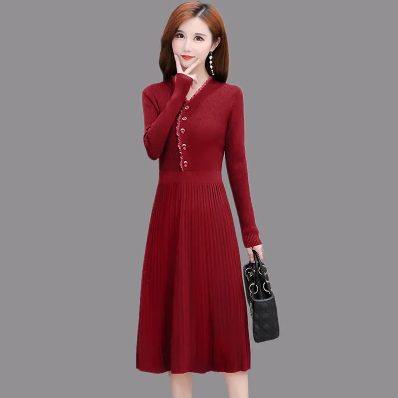 Vintage autumn winter sweater knit dress women casual long-sleeved buttons thick warm pleated dress ladies thin lace midi dress
Vintage autumn winter sweater knit dress women casual long-sleeved buttons thick warm pleated dress ladies thin lace midi dress