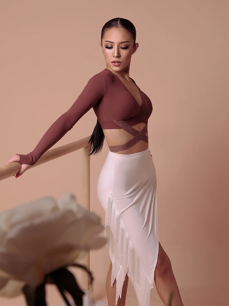 ZYMdancestyle ZYM2047 Cross The Mini Top Women Latin Dance Practice Wear Long Sleeve Strap With Bra | Тематическая одежда и