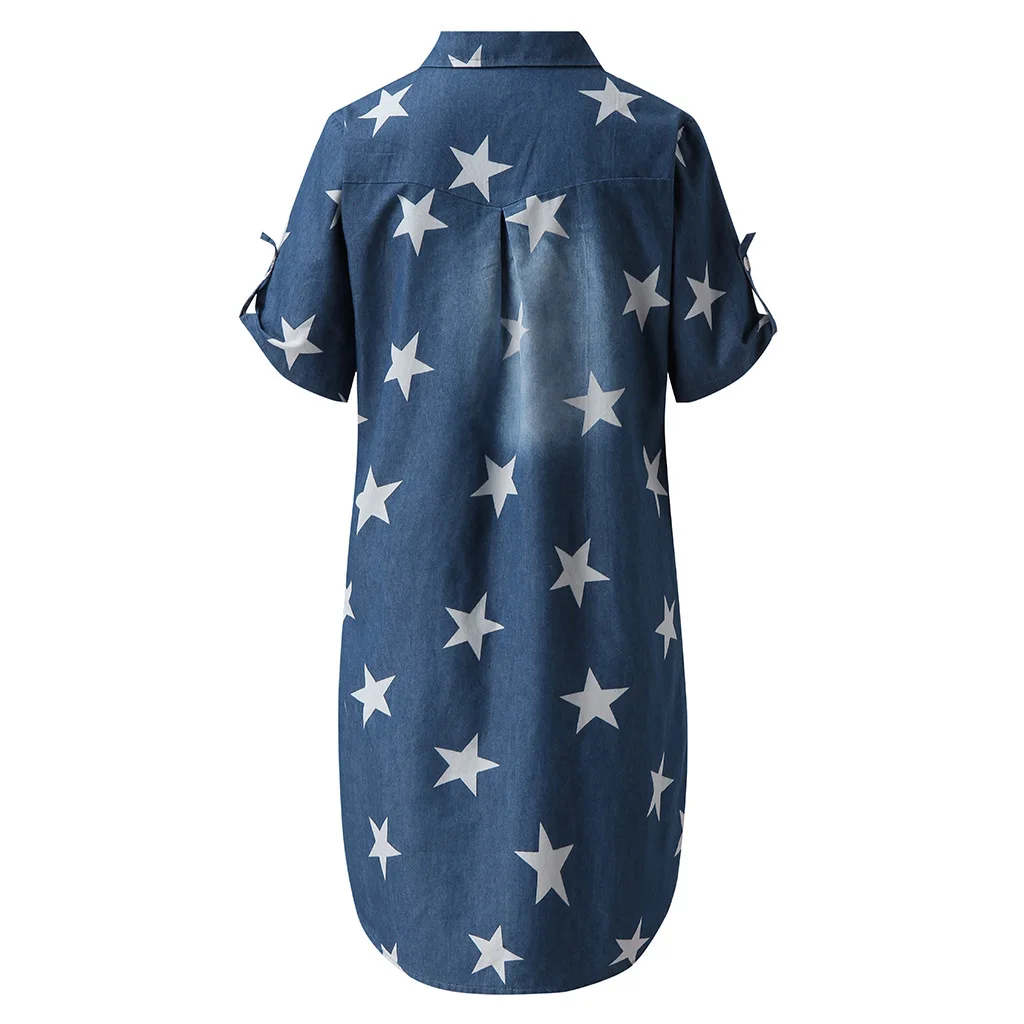 Summer Women Denim Dress Casual Loose V Neck Short Sleeve Cowboy Dresses Ladies Fashion Party Star Print Knee Length Dress
Summer Women Denim Dress Casual Loose V Neck Short Sleeve Cowboy Dresses Ladies Fashion Party Star Print Knee Length Dress