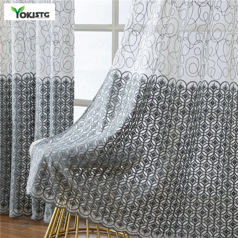 

Sheer Curtains for Living Room Bedroom Kitchen Embroidered Bird Nest&Endless Voile Tulle Net Window Treatment Drapes Luxury Grey