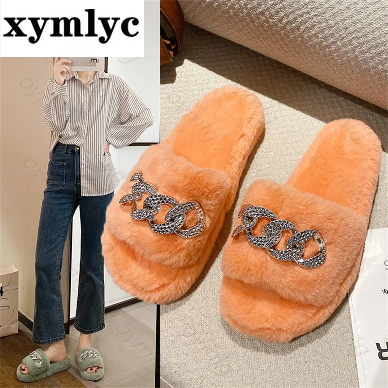 Fashion metal chain thick-bottomed fur slippers women's plus size small rabbit fur flat-heeled warm and comfortable flip flops
Fashion metal chain thick-bottomed fur slippers women's plus size small rabbit fur flat-heeled warm and comfortable flip flops