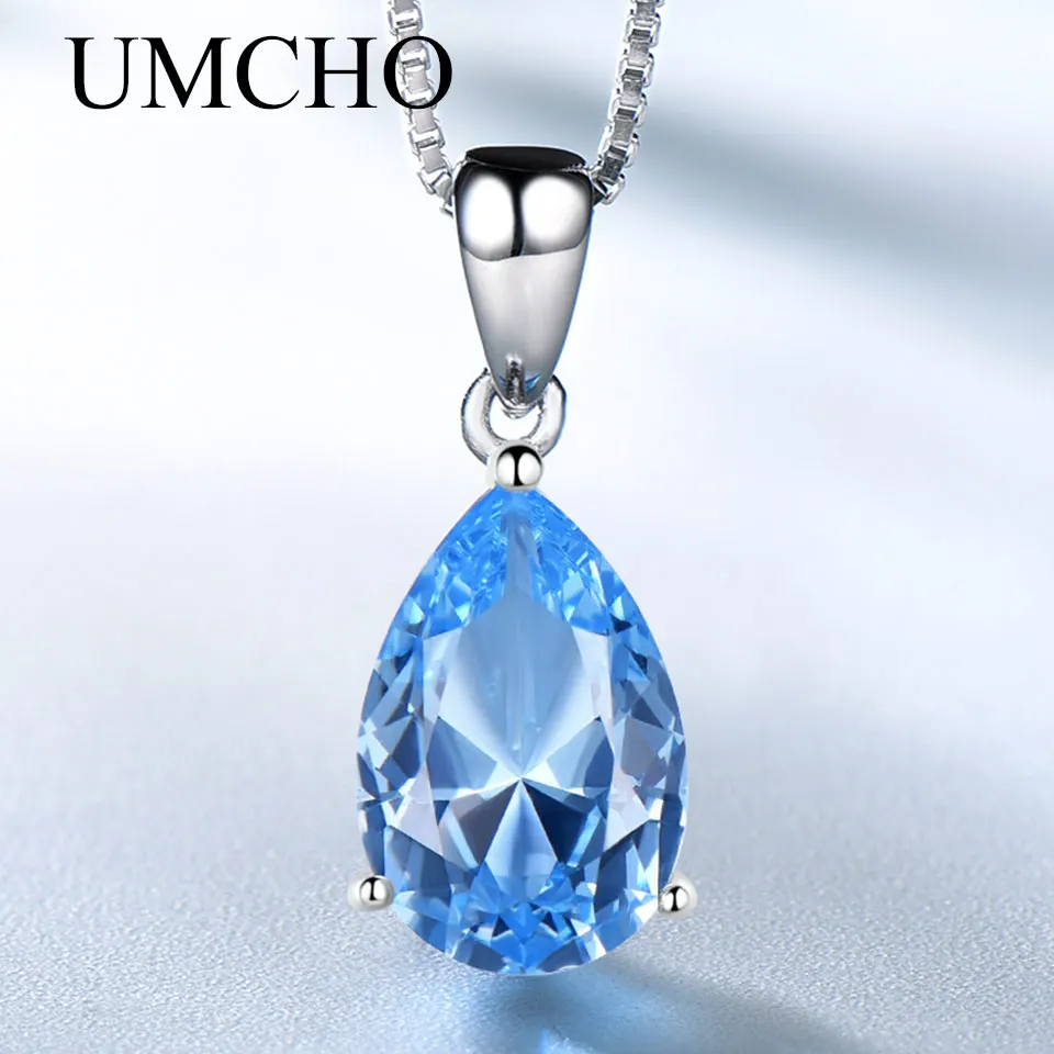 

UMCHO Famous Brand 925 Sterling Silver Nano Topaz Sky Blue Drop Pendant Necklace Romantic Wedding Gifts Girls Fine Jewelry