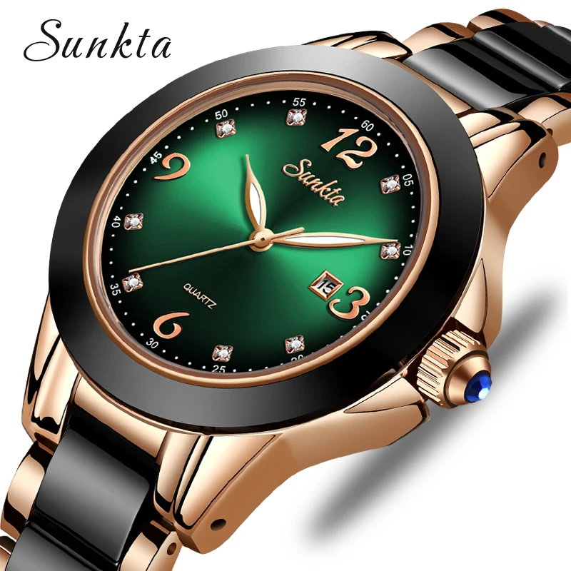 

Новинка 2022, модные женские наручные часы SUNKTA, роскошные Брендовые женские часы со стразами, керамические наручные часы Стразы, кварцевые ча...