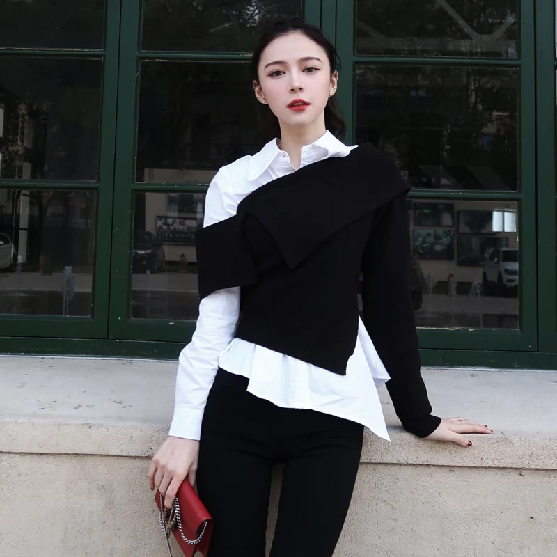 Women Irregular Contrast Color Blouse Korean Fashion Two Piece Set White Shirt Black Knitted Vest Designer Female Clothing
Women Irregular Contrast Color Blouse Korean Fashion Two Piece Set White Shirt Black Knitted Vest Designer Female Clothing