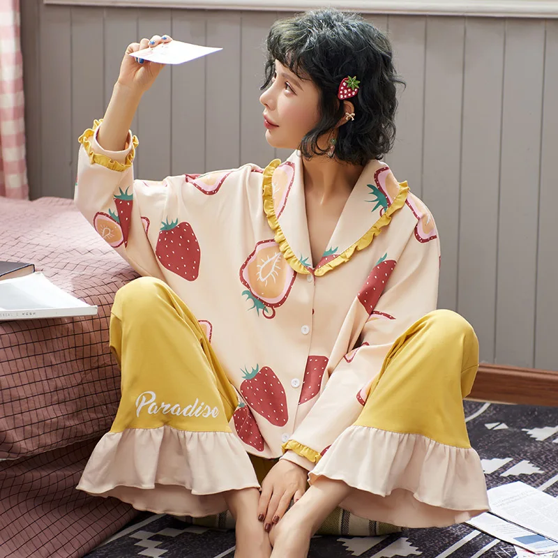 Женский кардиган + штаны 2 шт. пижама Женская Хлопковая набор корейский стиль