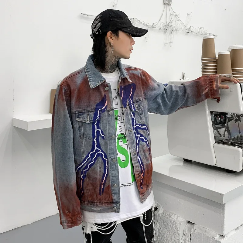 Fashion Brand Oversize Hip Hop Jacket Men's European and American Street Hiphop Lightning Printed Denim Clothing Fashion Men's 
Fashion Brand Oversize Hip Hop Jacket Men's European and American Street Hiphop Lightning Printed Denim Clothing Fashion Men's