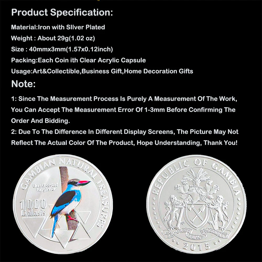 Silver Plated Gambian Natural Treasumres African Blue Breasted Kingfisher Medal Souvenirs Coin Animal Collectible Coins Replica 
Silver Plated Gambian Natural Treasumres African Blue Breasted Kingfisher Medal Souvenirs Coin Animal Collectible Coins Replica