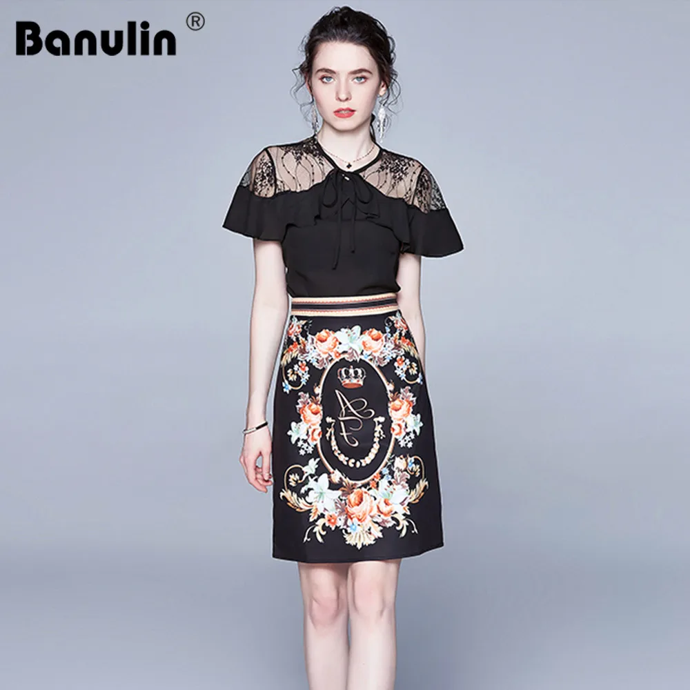 Banulin Fashion Runway Summer Suit Women's Short Sleeve Lace Splice Ruffles Shirts And Vintage Printed Skirt Two Pieces Lady Set
Banulin Fashion Runway Summer Suit Women's Short Sleeve Lace Splice Ruffles Shirts And Vintage Printed Skirt Two Pieces Lady Set