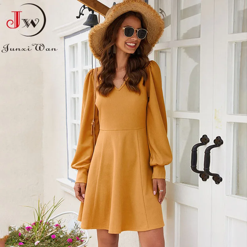 Solid Women Mini Dress Autumn Winter Puff Long Sleeve V Neck High Waist Casual Elegant Office Party A-Line Dress
Solid Women Mini Dress Autumn Winter Puff Long Sleeve V Neck High Waist Casual Elegant Office Party A-Line Dress