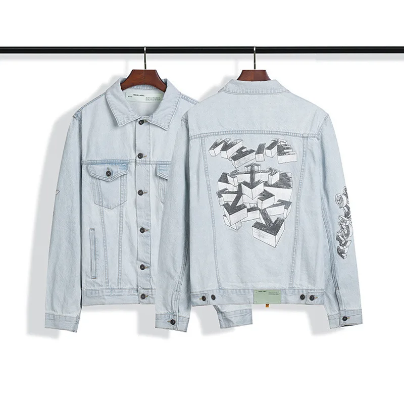 Ow high quality 3D hand-painted building block arrow overlapped letter arrow washed out of old denim jacket
Ow high quality 3D hand-painted building block arrow overlapped letter arrow washed out of old denim jacket