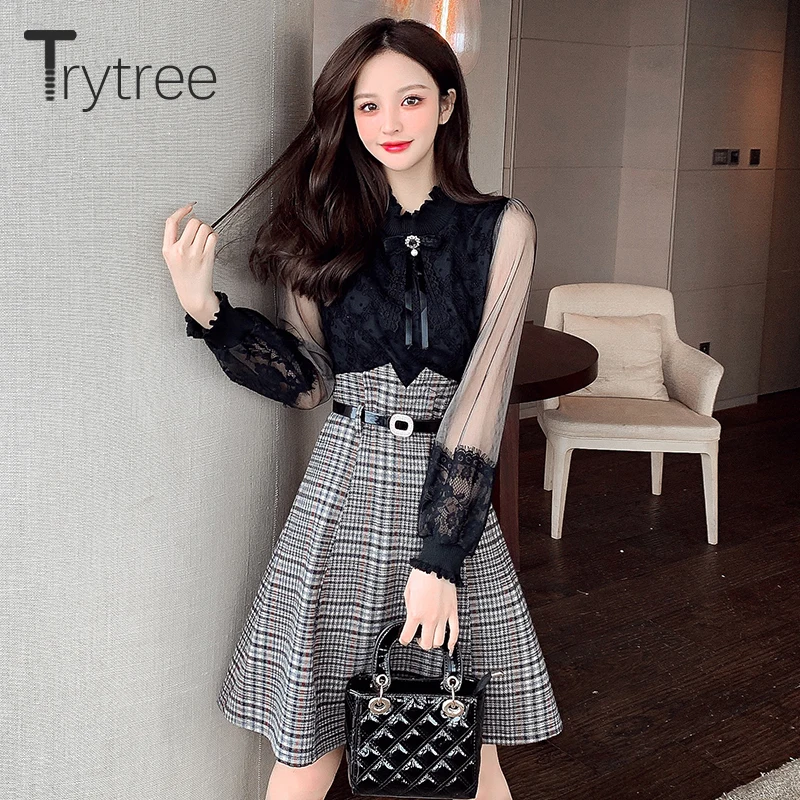 Trytree 2021 Spring Summer Women's Dress Casual Bow Brooch Belt Puff Sleeve Lace Mesh Patchwork Plaid A-line Hem Shirt Dress
Trytree 2021 Spring Summer Women's Dress Casual Bow Brooch Belt Puff Sleeve Lace Mesh Patchwork Plaid A-line Hem Shirt Dress