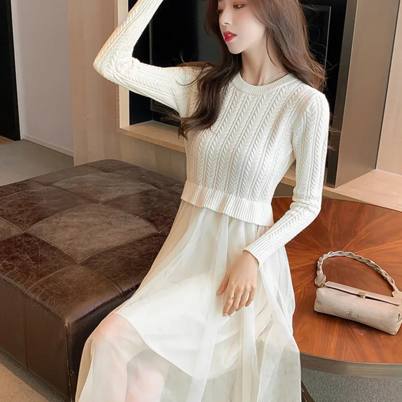 Elegant Knitted Sweater Dress Autumn Winter New Long Sleeve O-neck Mesh Patchwork Women Robe Casual Sweet Fashion Vestidos Mujer
Elegant Knitted Sweater Dress Autumn Winter New Long Sleeve O-neck Mesh Patchwork Women Robe Casual Sweet Fashion Vestidos Mujer