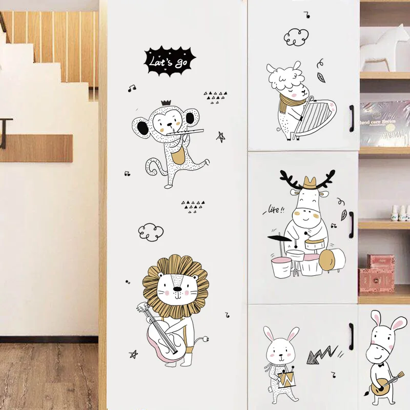 Cartoon Animal Music Band wall sticker Children Room Nursery Mural Decals Waterproof Home Door Cabinet Decoration Poster | Дом и сад
