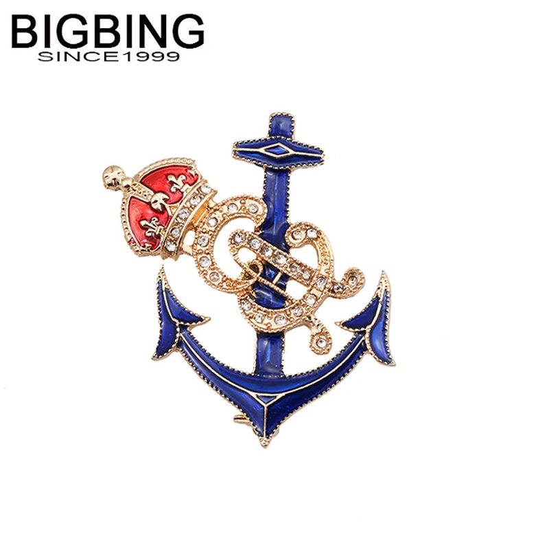 Q003 BIGBING модные ювелирные изделия золотистый синий Якорь Корона Брошь модная
