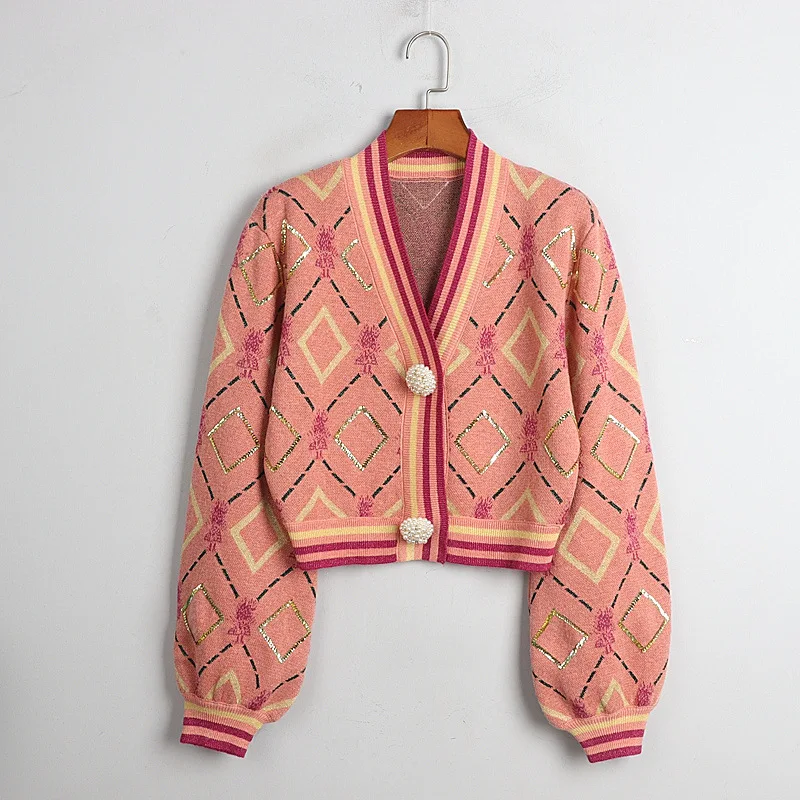 Runway Luxury Lantern Sleeve V-Neck Cardigan 2021 Autumn Winter Retro Diamond Plaid Sequined Loose Knit Sweater Coat Women Top
Runway Luxury Lantern Sleeve V-Neck Cardigan 2021 Autumn Winter Retro Diamond Plaid Sequined Loose Knit Sweater Coat Women Top