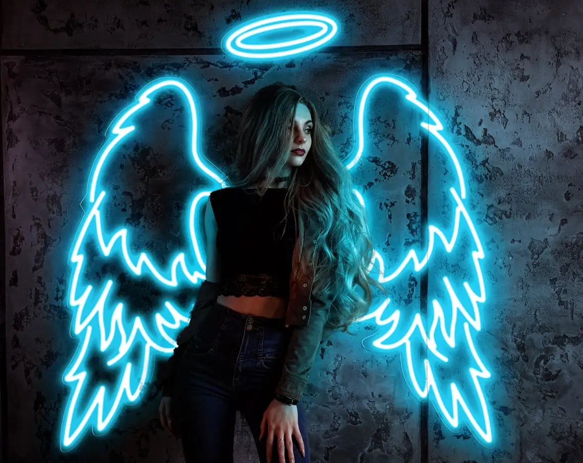 Неоновая светодиодная вывеска ангельские крылья с ореолом и текстом неоновая