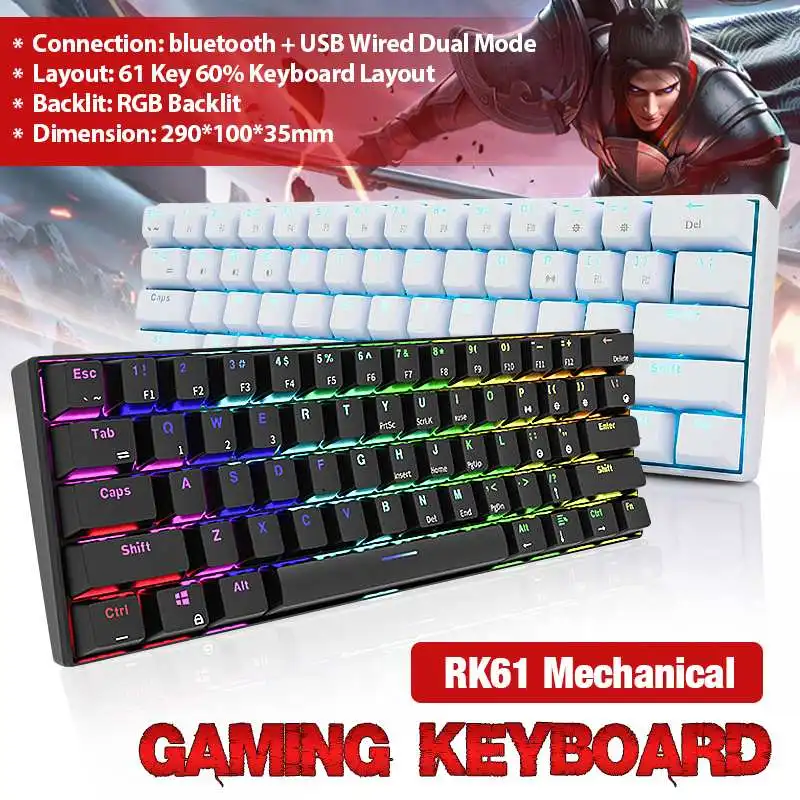 RK61 Mechanical Gaming Keyboard 60% RGB Dual Mode bluetooth Wireless Backlit Keyboard For PC Laptop Tablet Mobile Phone
RK61 Mechanical Gaming Keyboard 60% RGB Dual Mode bluetooth Wireless Backlit Keyboard For PC Laptop Tablet Mobile Phone
