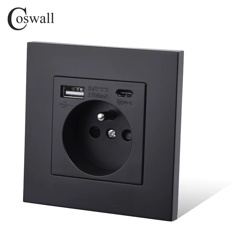 

COSWALL French Polish Standard Wall Power Socket Grounded USB Type A & Type-C Charge Port PC Panel Black E20 Series